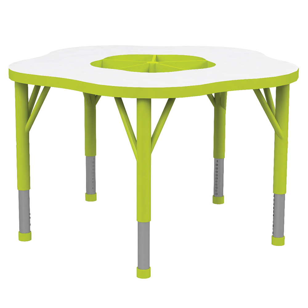 [SA58000ZZZZ-01] Table JUK plateau mélaminé piètement acier - fleur D90 cm - T1 à T3 - Blanc/vert pomme