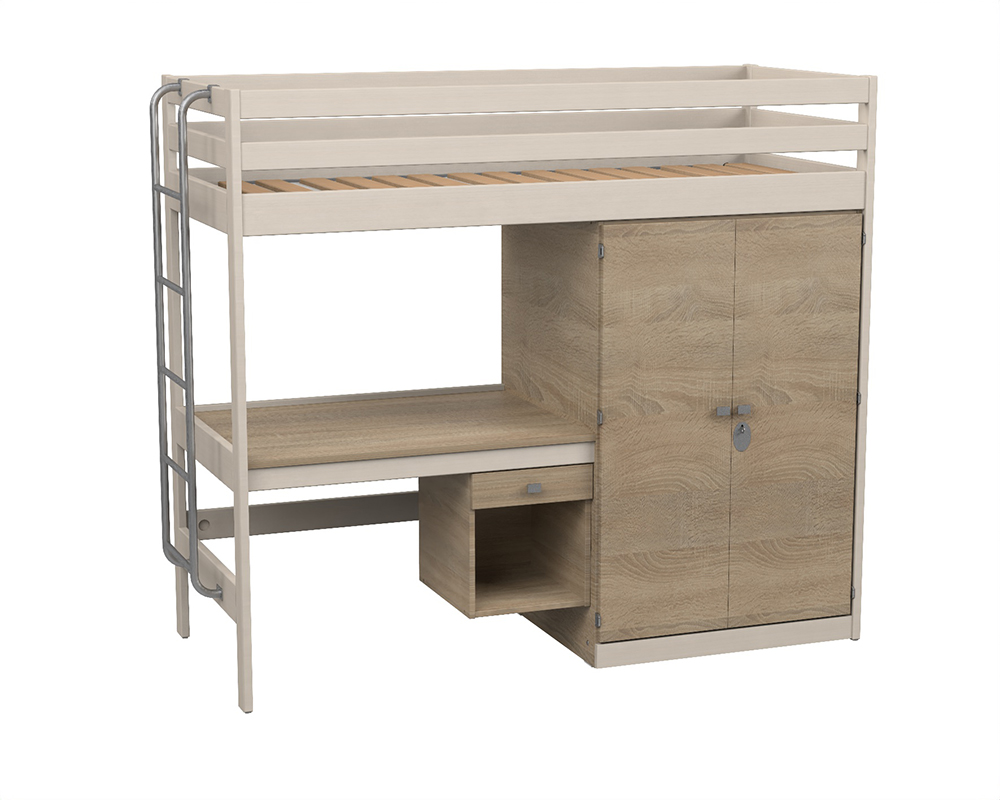 [MO-58000551] Lit mezzanine VERCORS II bois armoire à droite et bureau mélaminé sommier à lattes rigides - 90x200 cm