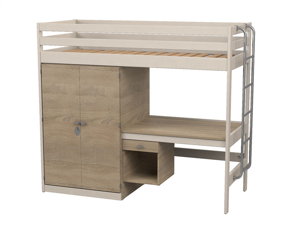 [MO-58000552] Lit mezzanine VERCORS II bois armoire à gauche et bureau mélaminé sommier à lattes rigides - 90x200 cm