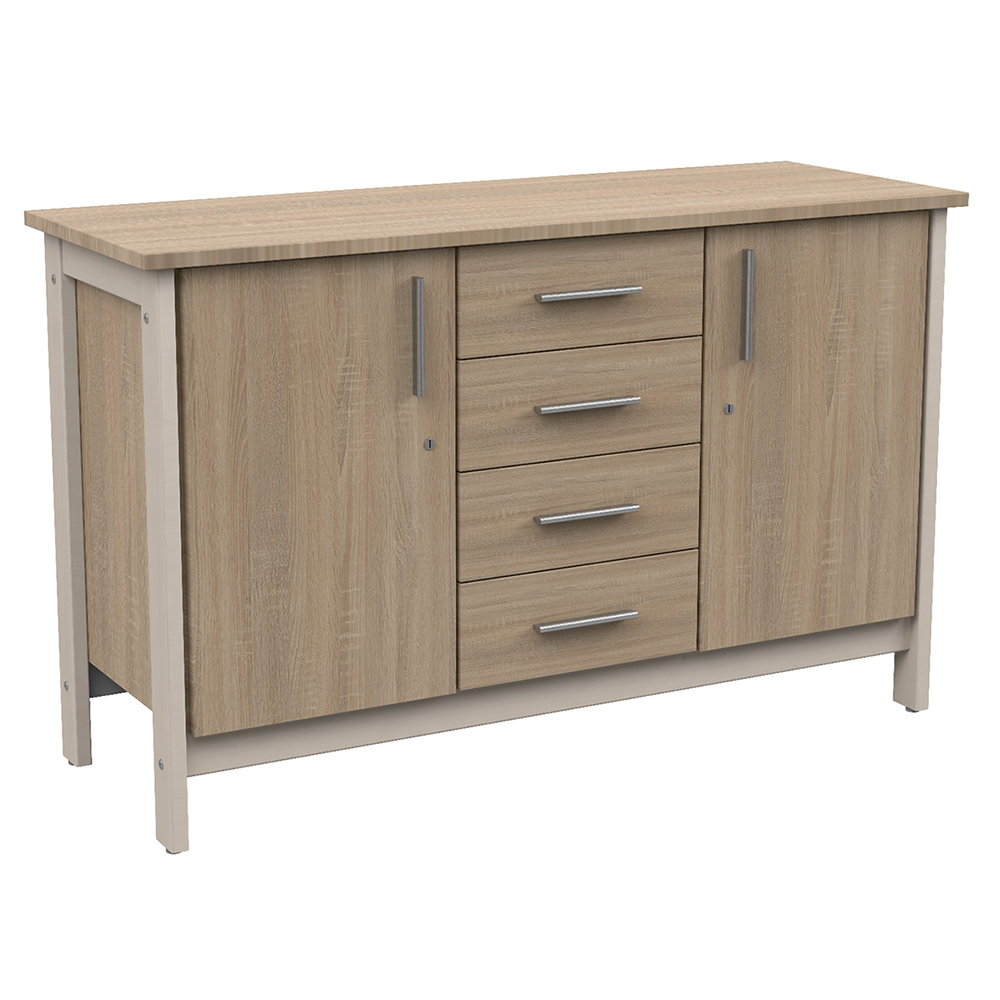 [MO-DRD000024] Buffet SWING 2 portes 4 tiroirs avec serrure mélaminé piètement bois - L147xP53xH91cm
