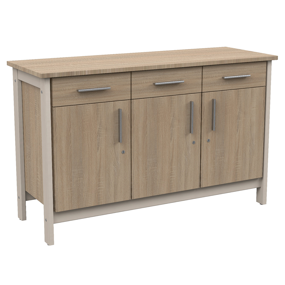 [MO-DRD000027] Buffet SWING 3 portes 3 tiroirs avec serrure mélaminé piètement bois - L147xP53xH91 cm