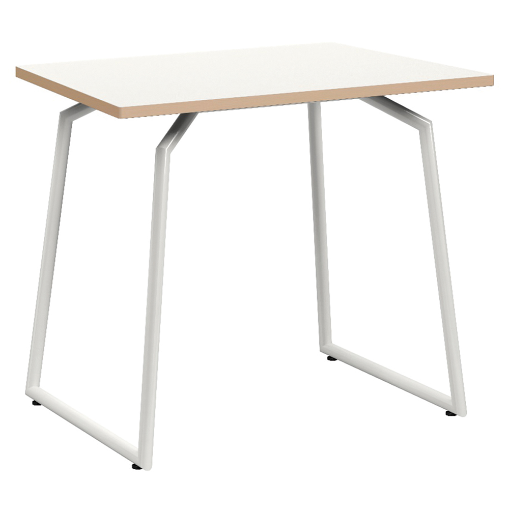 Table ACADÉMIA plateau ép.24 mm stratifié chant bois piètement rond époxy - trapèze 88x60 cm - T6 - Blanc craie/blanc RAL 9016