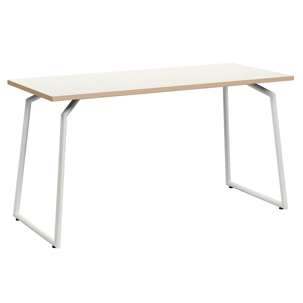 [MO-DTS000078] Table ACADÉMIA plateau ép.24 mm stratifié chant bois piètement rond époxy - 140x60 cm - T6 - Blanc craie/blanc RAL 9016