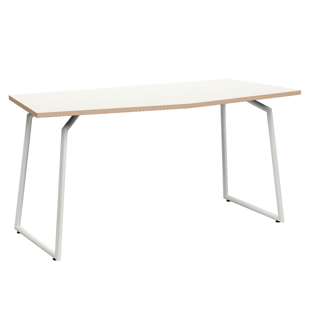 [MO-DTS000079] Table ACADÉMIA plateau ép.24 mm stratifié chant bois piètement rond époxy - trapèze 156x60 cm - T6 - Blanc craie/blanc RAL 9016