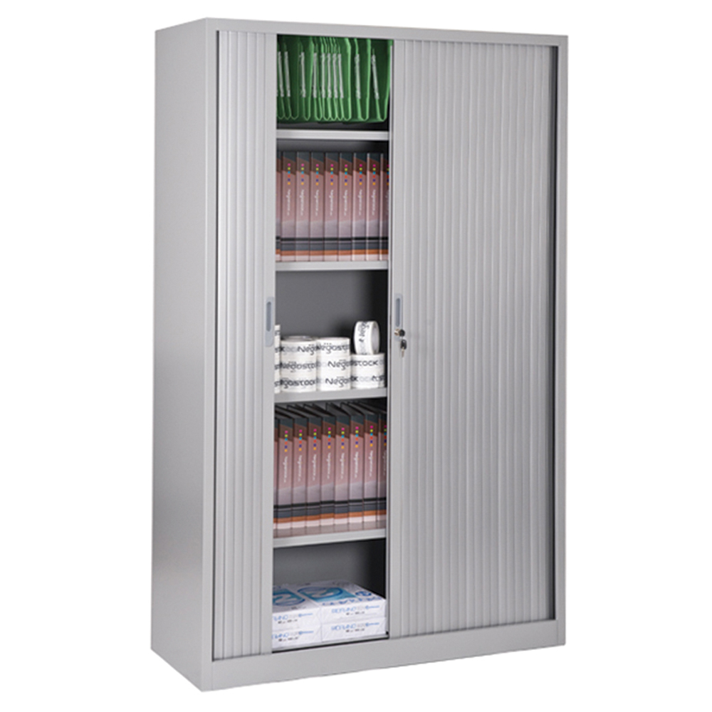 [S220270ZZEP-02] Armoire à rideaux GÉNÉRIC 4 tablettes coloris gris époxy - L120xP45xH198 cm - Gris RAL 7035