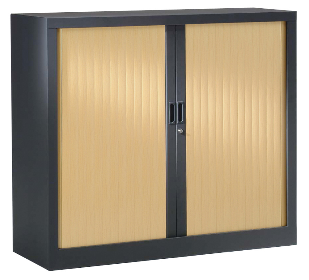 [S323670ZZEP-10] Armoire à rideaux GÉNÉRIC 2 tablettes coloris noir époxy - L120xP45xH100 cm - Anthracite RAL 7016/Chêne clair