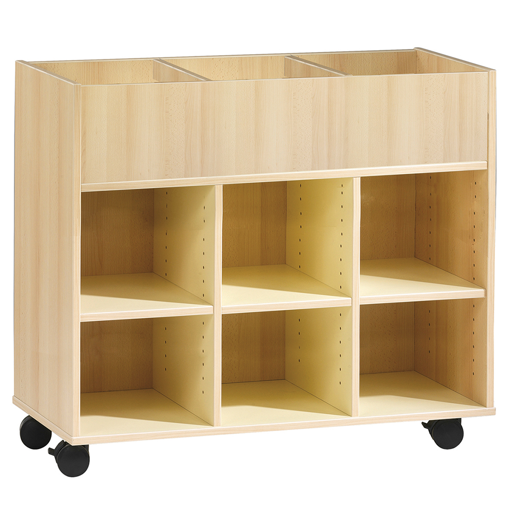 [S377770PVEP-01] Bac à albums PICCOLO mobile 3 colonnes 3 bacs + 6 cases mélaminé - L104,5xP45xH92 cm - Hêtre miel