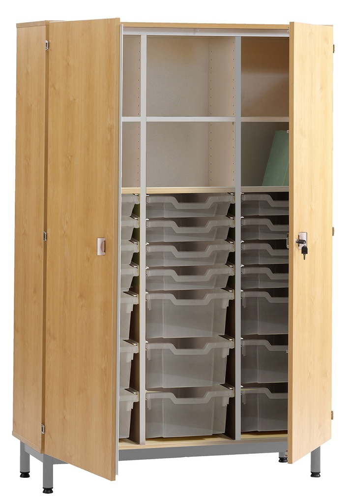[S378070PVEP-04] Armoire PICCOLO 2 portes mélaminé 21 bacs transparent - L104,5xP48xH180 cm - Hêtre miel/Gris alu RAL 9006