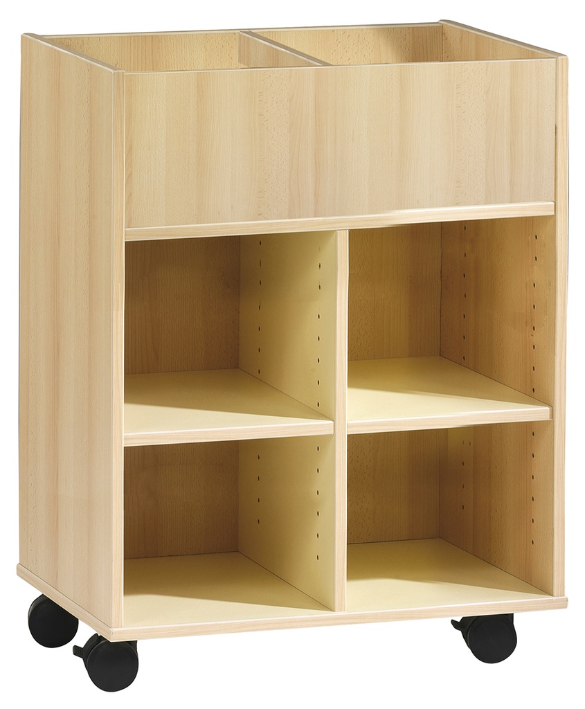 [S449770PVEP-01] Bac à albums PICCOLO mobile 2 colonnes 2 bacs + 4 cases mélaminé - L70,5xP45xH92 cm - Hêtre miel