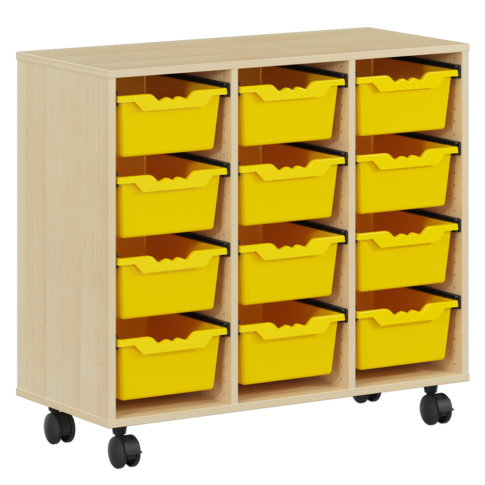 [S529170PVEP-01] Meuble PICCOLO mobile mélaminé 12 bacs jaunes - L104,5xP45xH95 cm - Hêtre miel