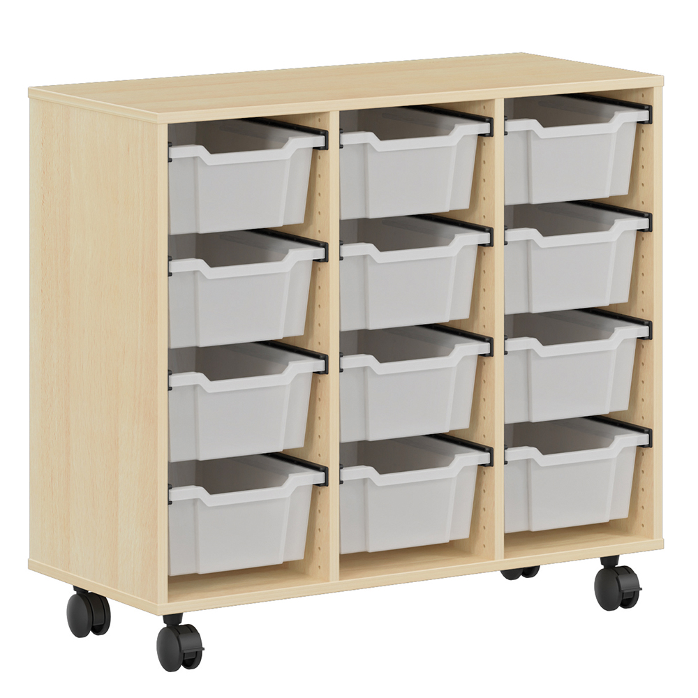 [S529170PVEP-02] Meuble PICCOLO mobile mélaminé 12 bacs transparents - L104,5xP45xH95 cm - Hêtre miel