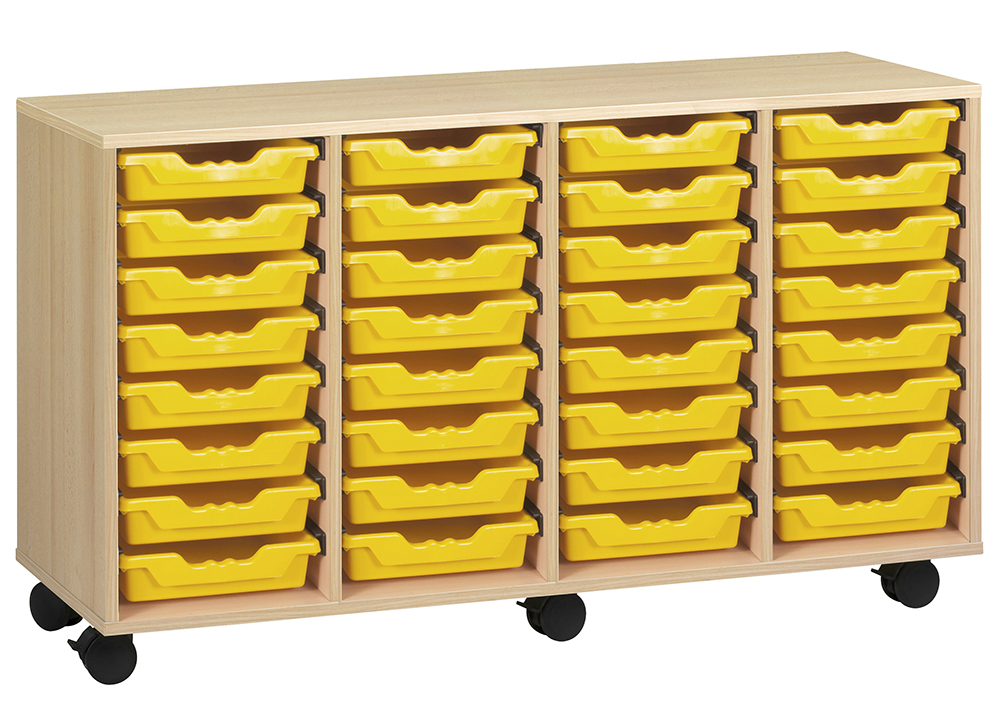 [S676070PVZZ-01] Meuble PICCOLO mobile mélaminé 32 bacs jaunes - L138,5xP45xH95 cm - Hêtre miel